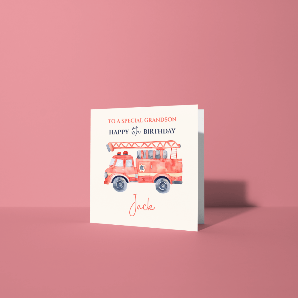 Personalised Custom Name Fire Engine Birthday Card, Greeting Card is Blank Inside For Own Message