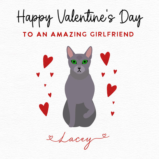 Personalised Russian Blue Cat Valentine’s Day Card