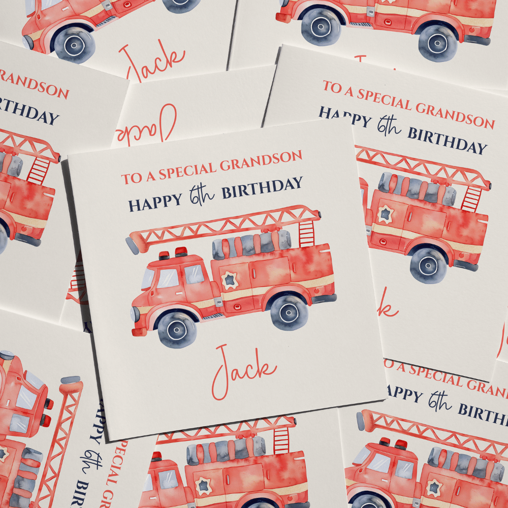 Personalised Custom Name Fire Engine Birthday Card, Greeting Card is Blank Inside For Own Message