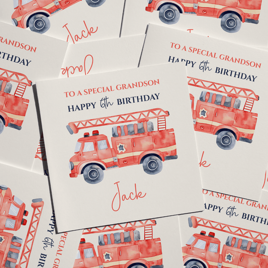 Personalised Custom Name Fire Engine Birthday Card, Greeting Card is Blank Inside For Own Message