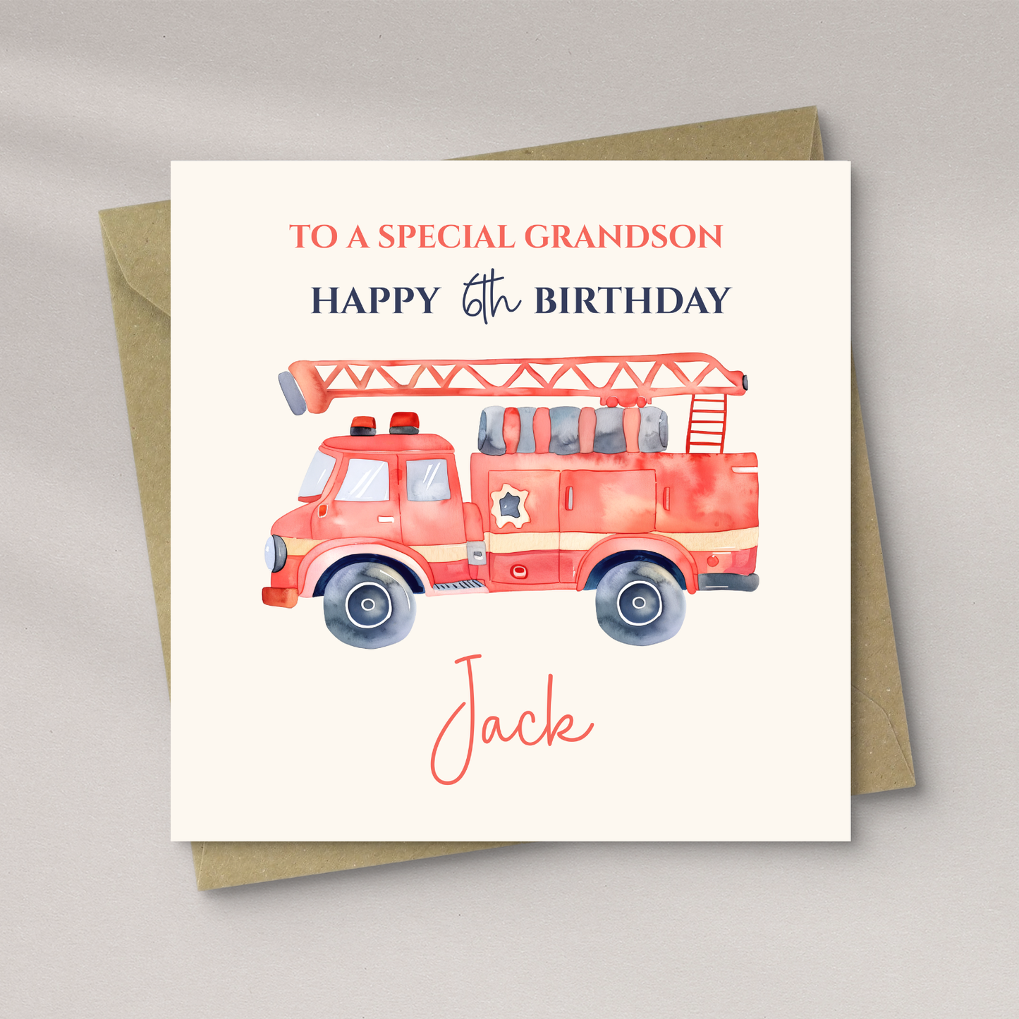 Personalised Custom Name Fire Engine Birthday Card, Greeting Card is Blank Inside For Own Message