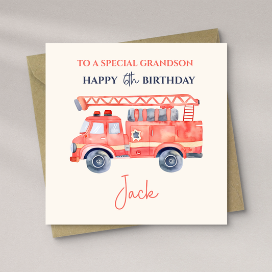 Personalised Custom Name Fire Engine Birthday Card, Greeting Card is Blank Inside For Own Message